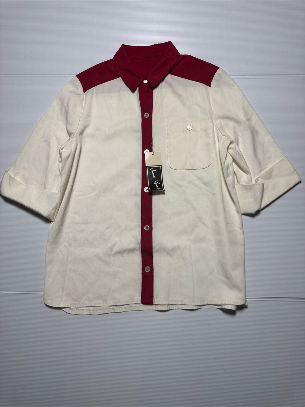Vintage James Kenrob Deadstock Blank Bowling Shirt Cream Burgundy Small Flaw L